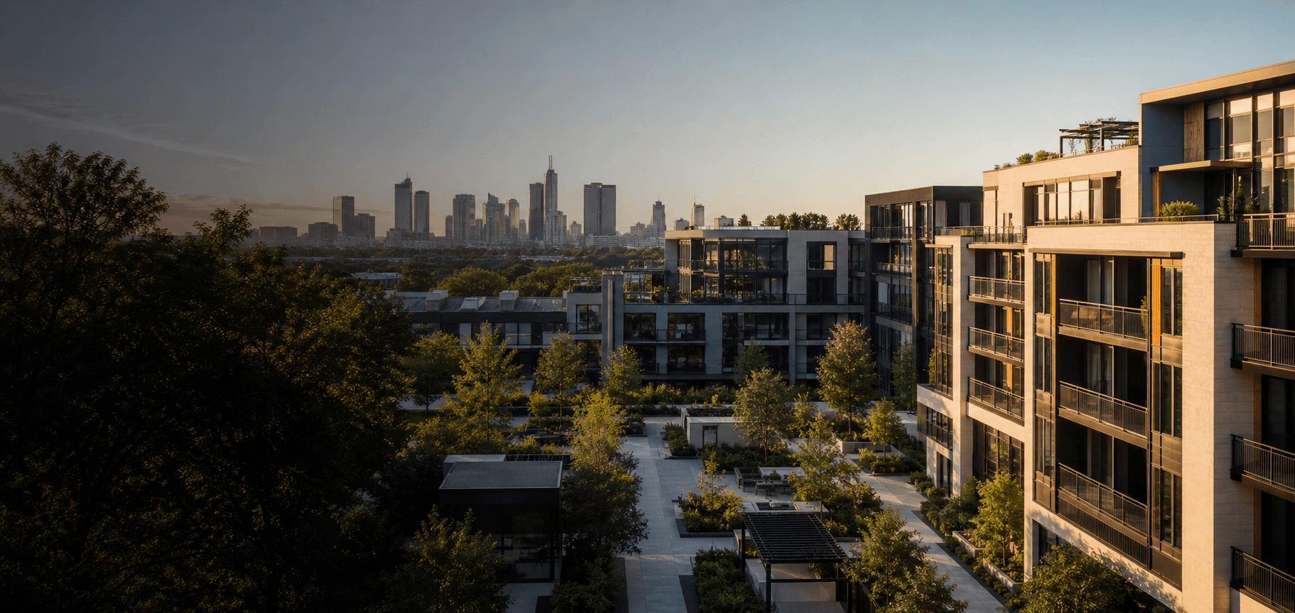 Completed multifamily property portfolio overlooking a city skyline
